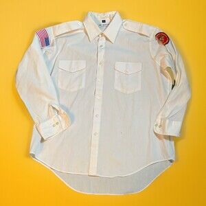 Vintage 80s The Aviator Pilot Shirt Mens 17  Van Heusen White Marine Corps Patch